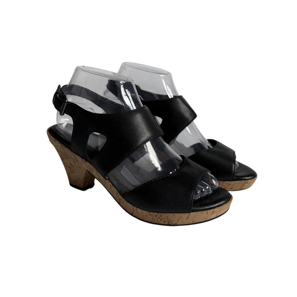 SoftWalk Sandals Womens Size 7 W Black Leather Slingback Cork Wedge S1303-001